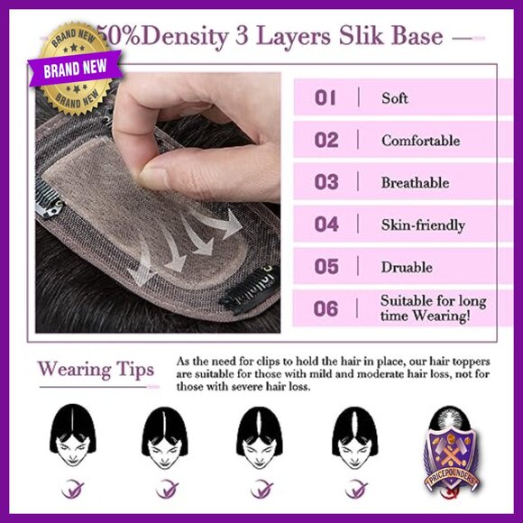 Human Hair Topper with Bangs, 150% Density, 6 Inch Length, Thinning Hair